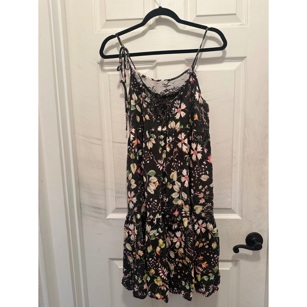 Natural Life Floral Lace Trim Tiered Boho Mini Dress Black Pink Green Womens M - Picture 1 of 3